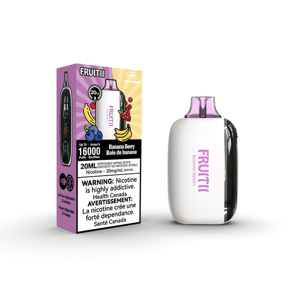fruitii vape banana berry flavour packaging and device image on white background