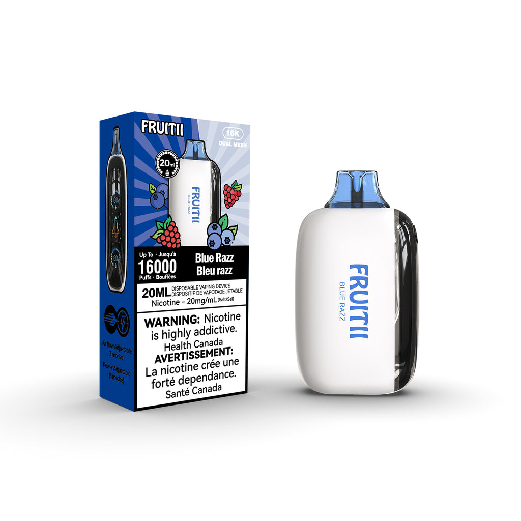 fruitii vape blue razz flavour packaging and device image on white background