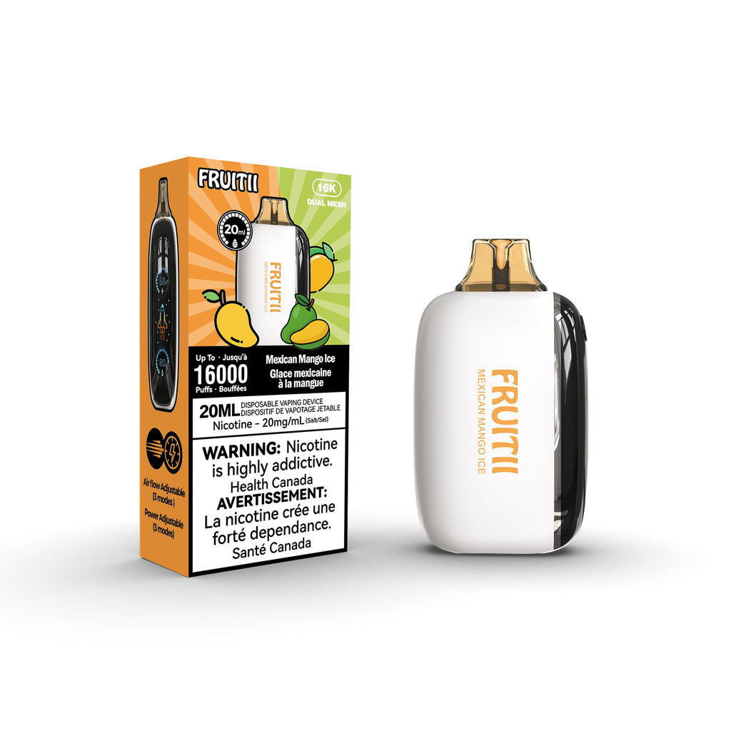 fruitii vape mexican mango flavour packaging and device image on white background