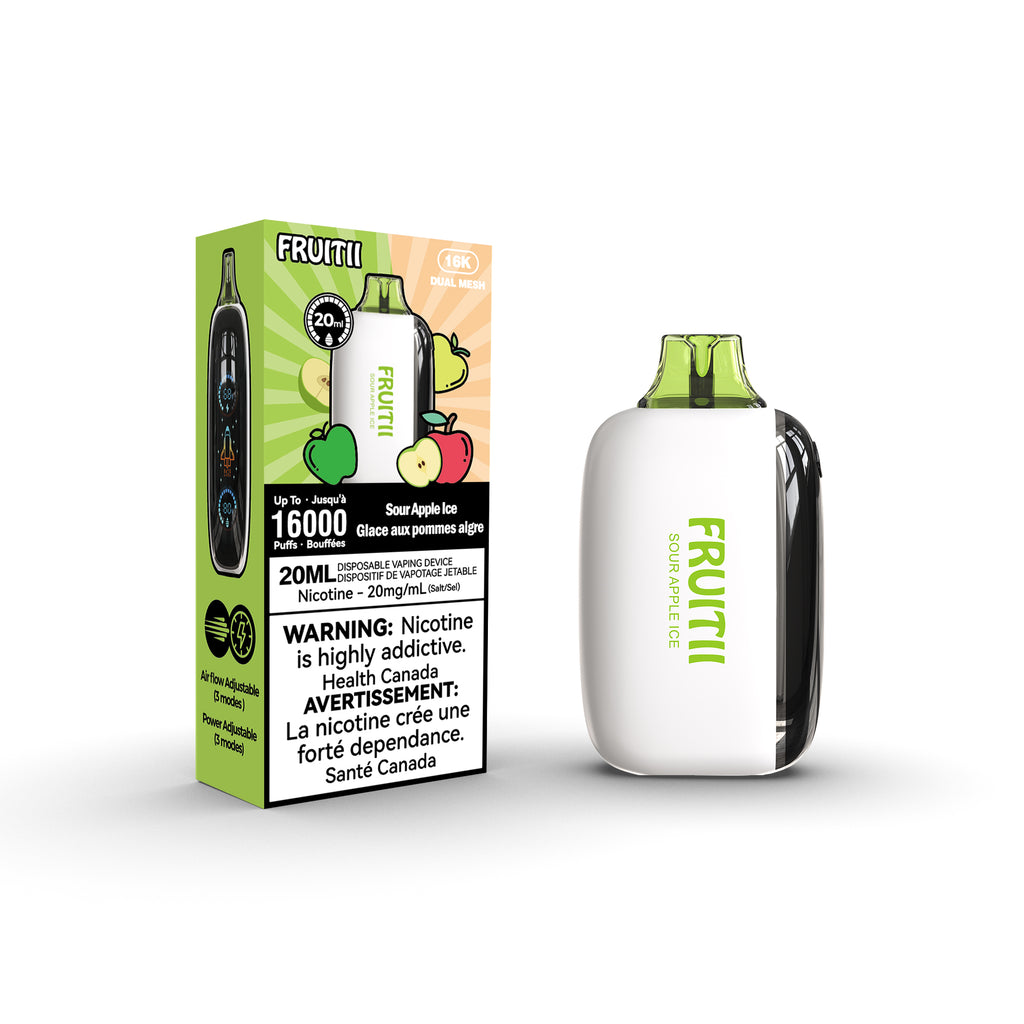 fruitii vape sour apple ice flavour packaging and device image on white background