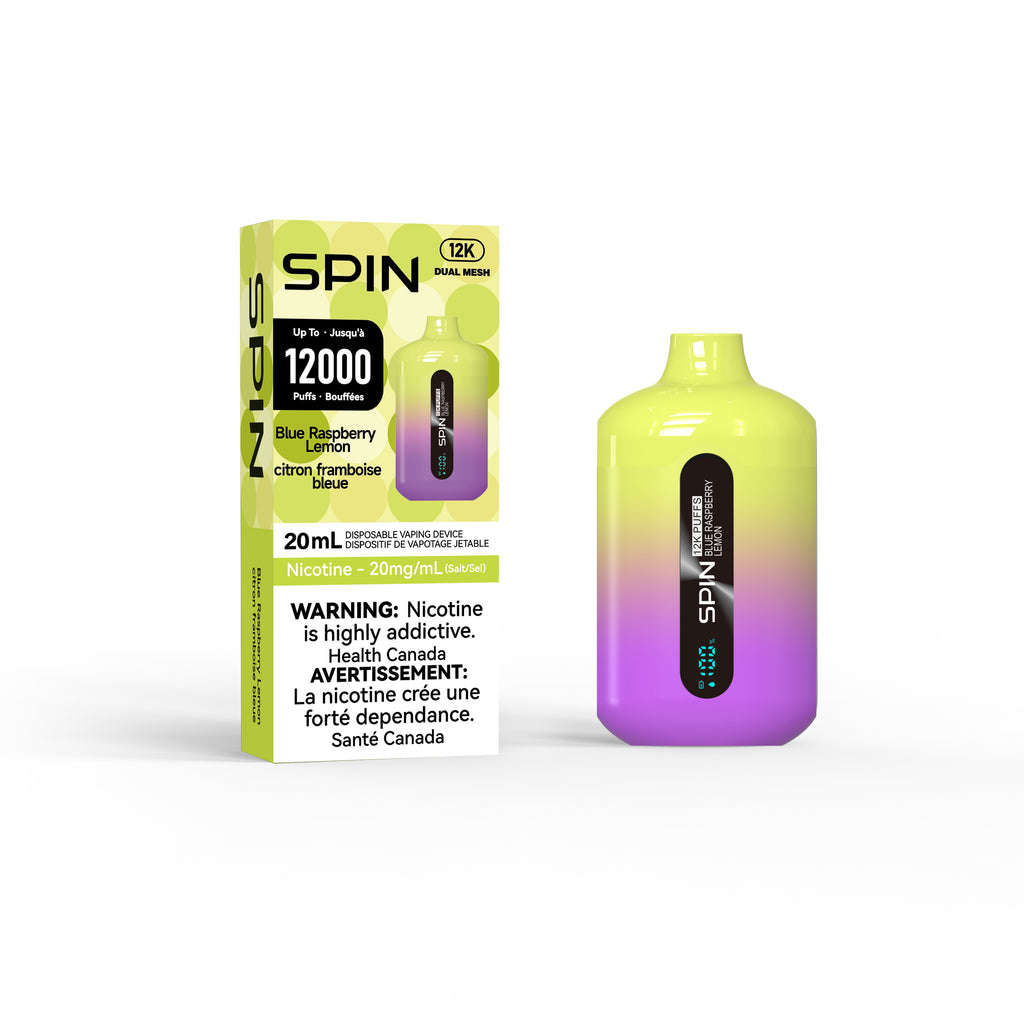 spin vape blue raspberry lemon flavour packaging and device on white background