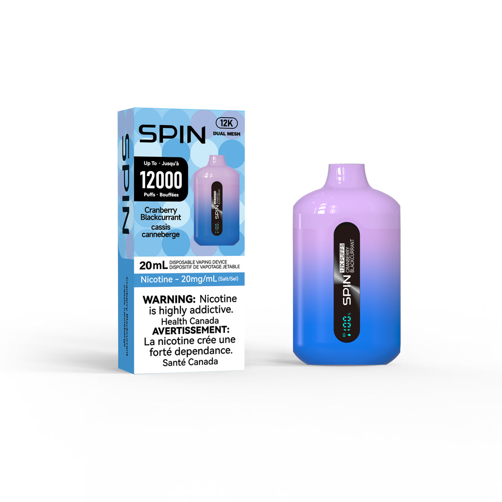 spin vape cranberry blackcurrant flavour packaging and device on white background