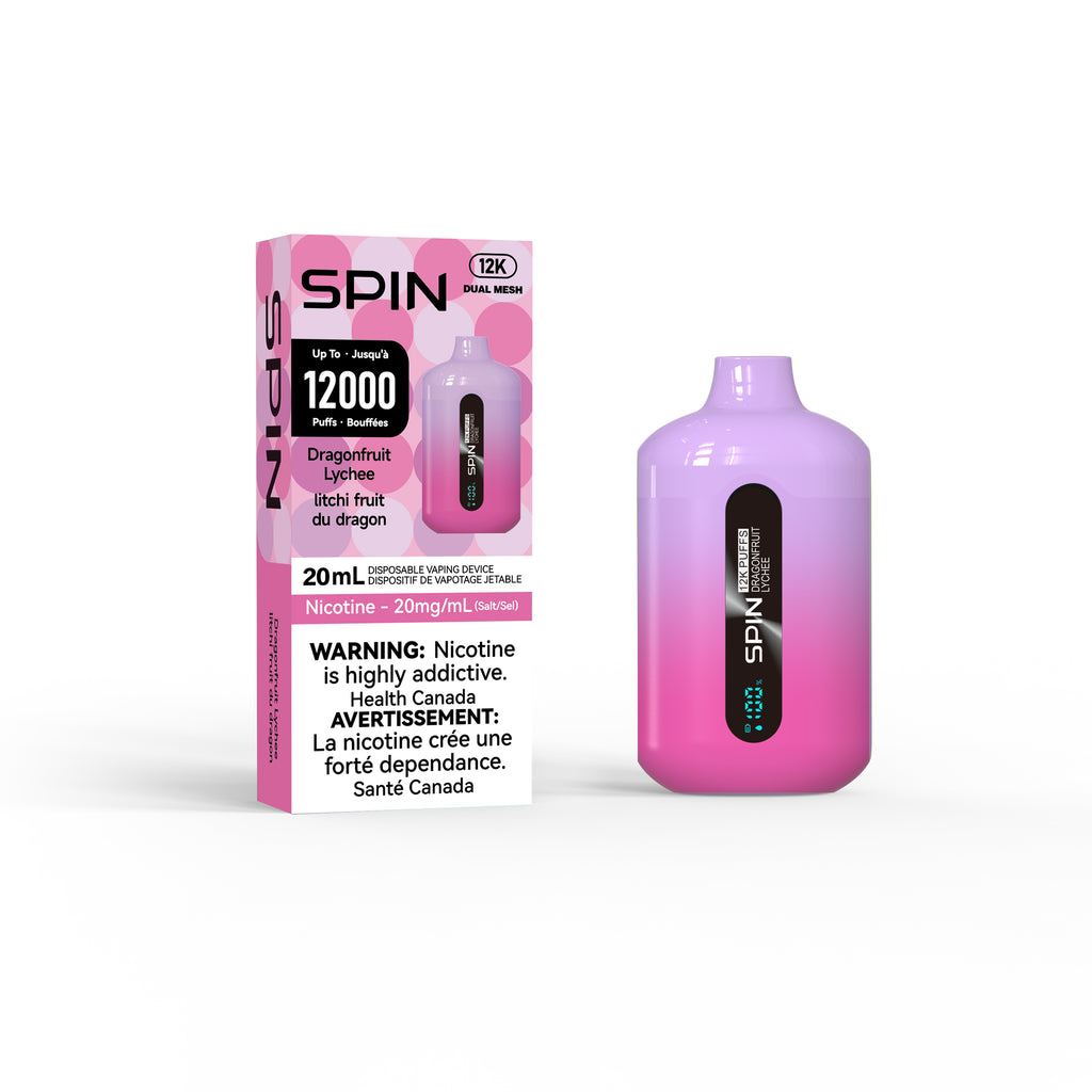 spin vape dragonfruit lychee flavour packaging and device on white background