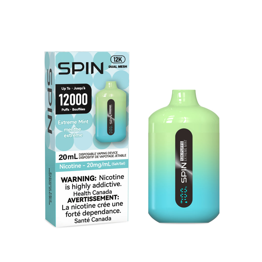 spin vape extreme mint flavour packaging and device on white background