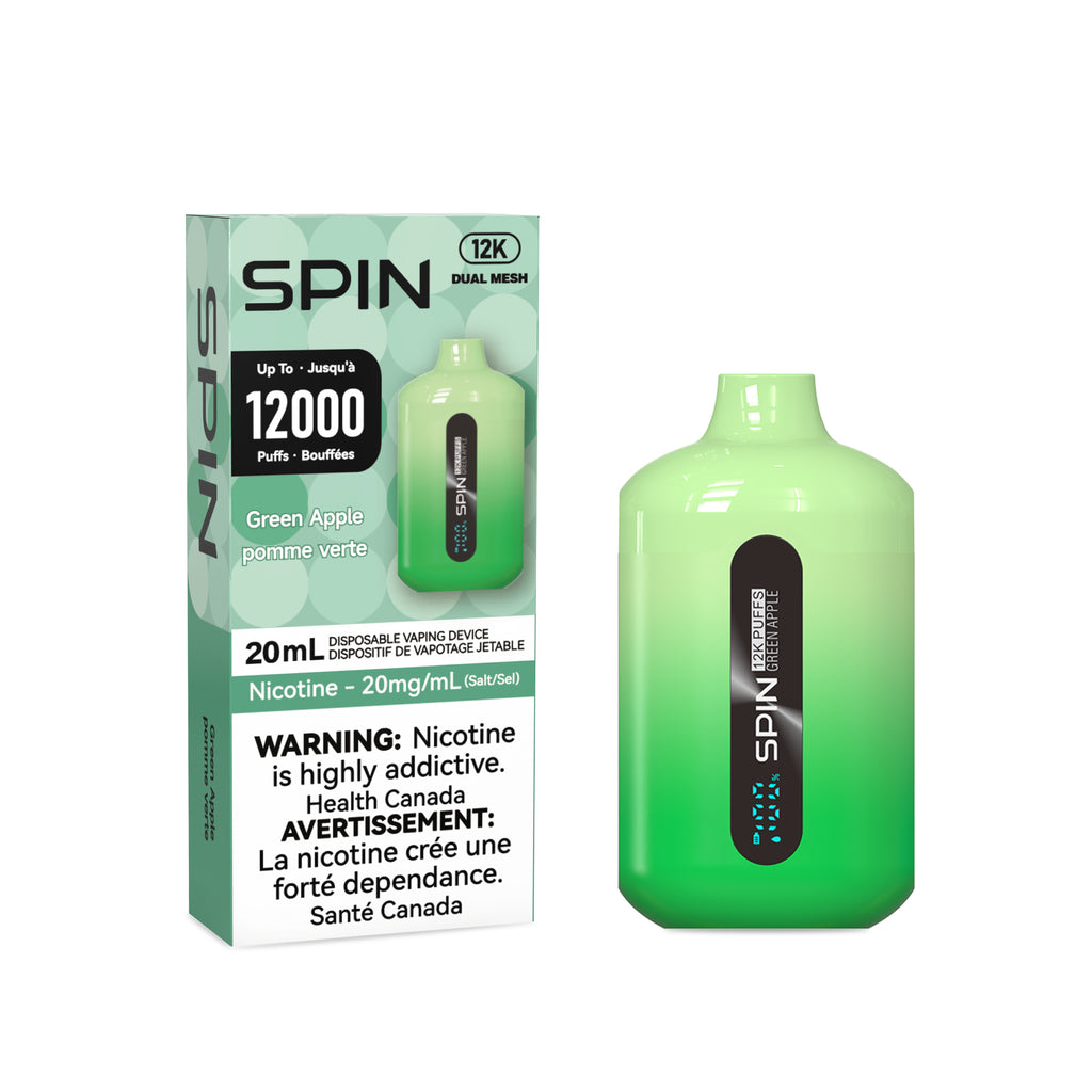 spin vape green apple flavour packaging and device on white background