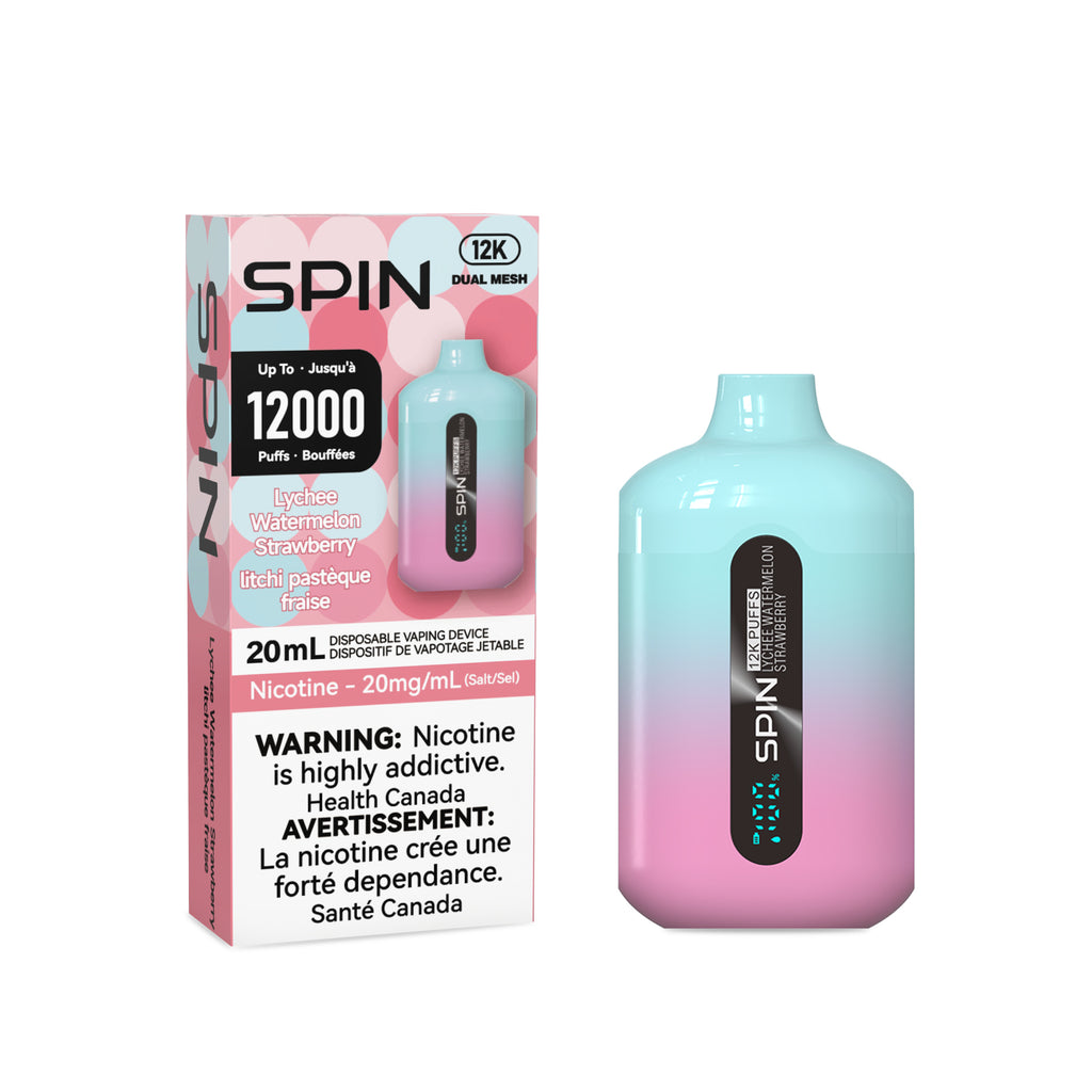spin vape lychee watermelon strawberry flavour packaging and device on white background