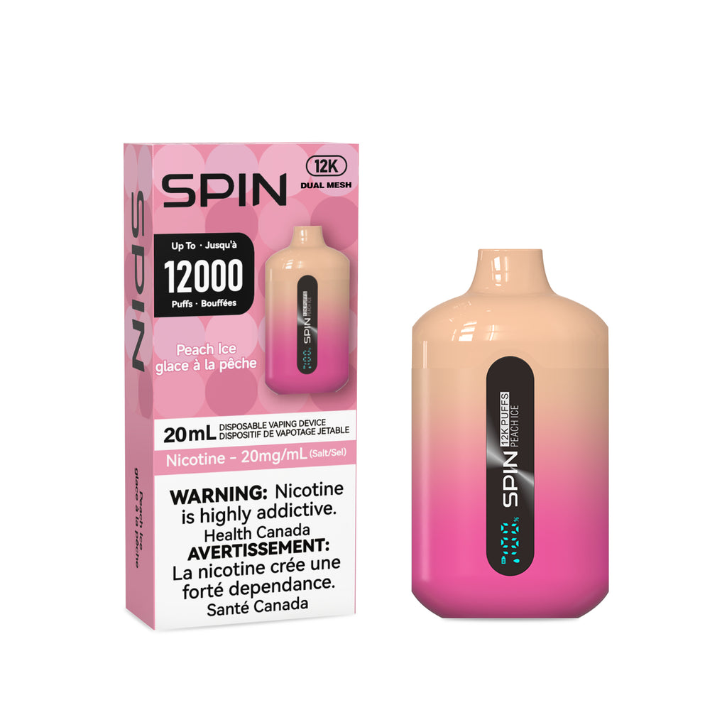 spin vape peach ice flavour packaging and device on white background