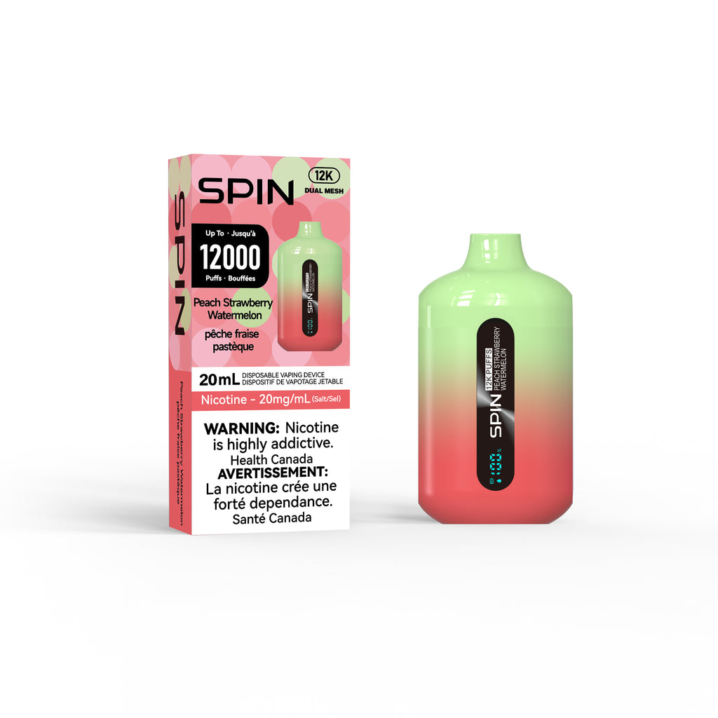 spin vape peach strawberry watermelon flavour packaging and device on white background