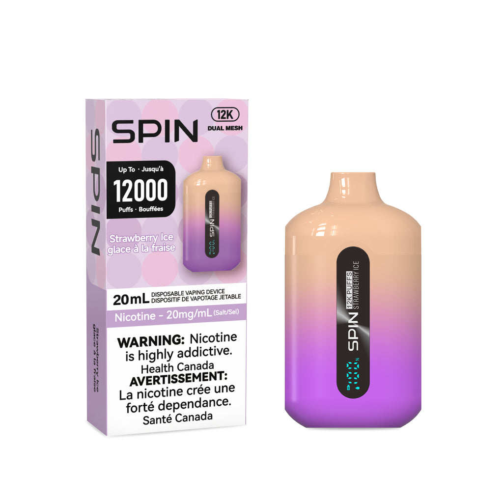 spin vape strawberry ice flavour packaging and device on white background
