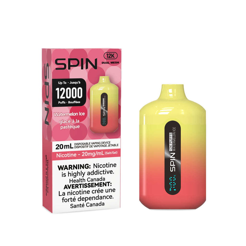 spin vape watermelon ice flavour packaging and device on white background