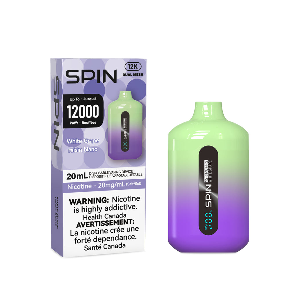 spin vape white grape flavour packaging and device on white background