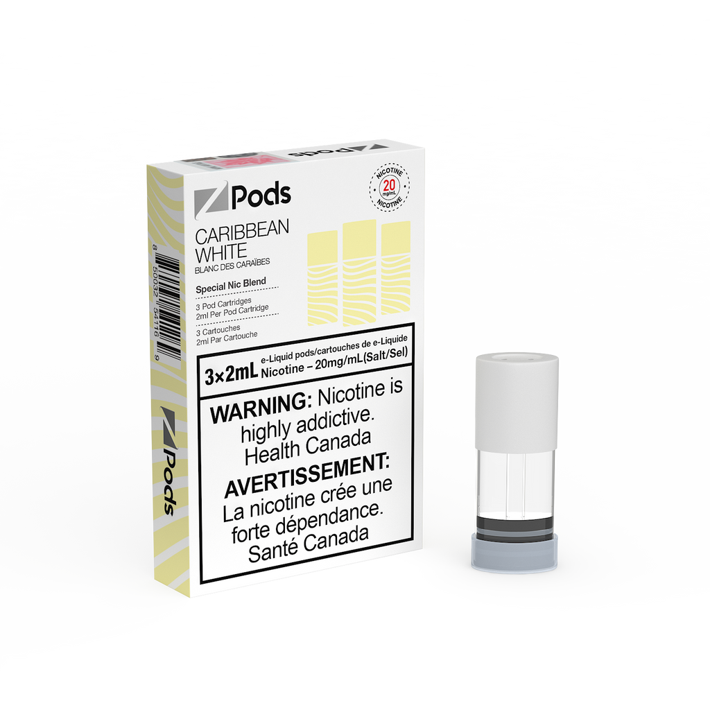 ZPods by ZLab, 2ml pod system, 3 x Pods per pack, STLTH compatible. Caribbean White (Pina Colada) flavour pod pack with vibrant packaging.