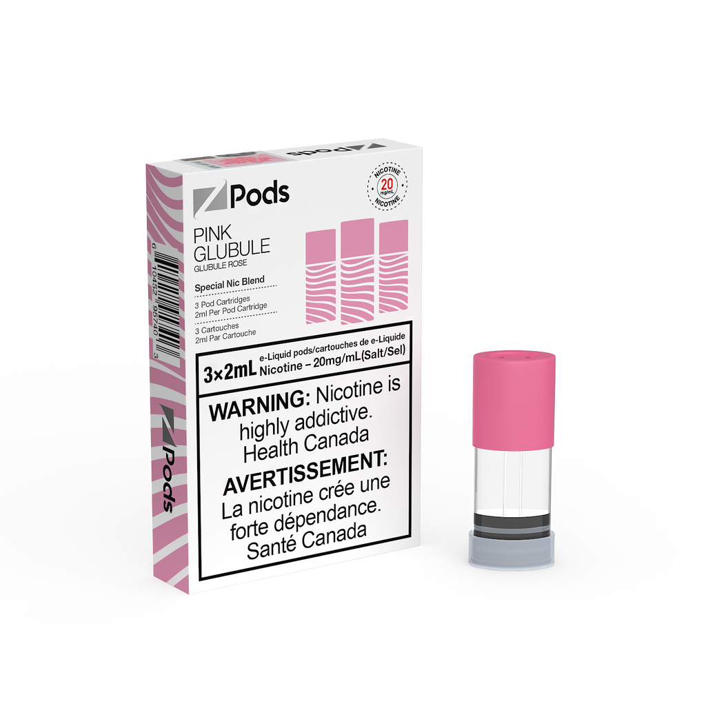 ZPods by ZLab, 2ml pod system, 3 x Pods per pack, STLTH compatible. Pink Glubule (Chew gum) flavour pod pack with vibrant packaging.